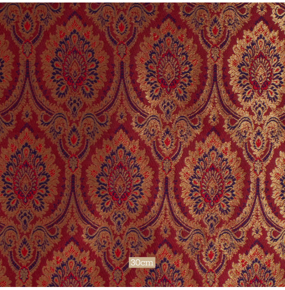 Stof-brokaat-110cm-indisch-rood-blauw-en-goud
