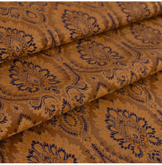 Stof-brokaat-110cm-indisch-blauw-en-goud