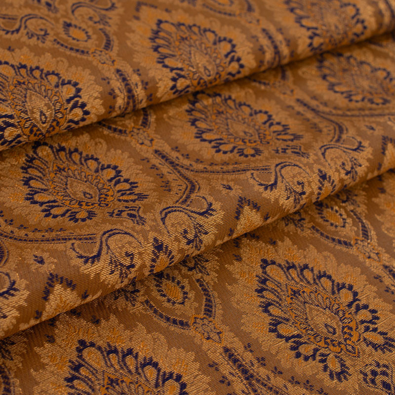 Stof-brokaat-110cm-indisch-blauw-en-goud