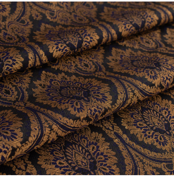 Stof-brokaat-110cm-indisch-blauw-zwart-en-goud