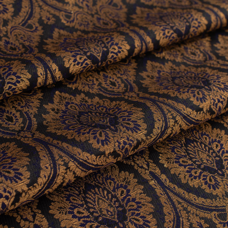 Stof-brokaat-110cm-indisch-blauw-zwart-en-goud