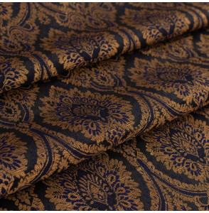 Stof-brokaat-110cm-indisch-blauw-zwart-en-goud