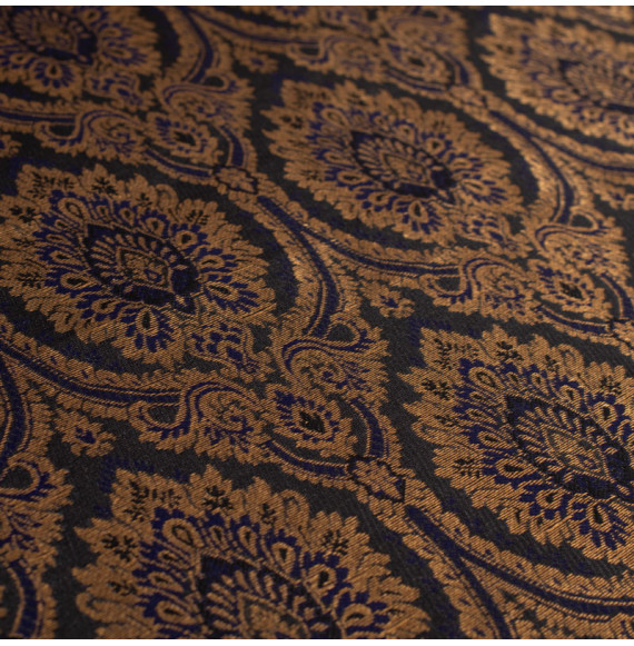 Stof-brokaat-110cm-indisch-blauw-zwart-en-goud