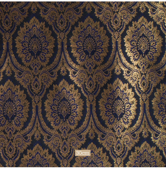 Stof-brokaat-110cm-indisch-blauw-zwart-en-goud