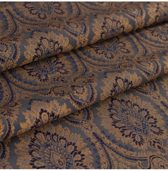 Stof-brokaat-110cm-indisch-blauw-grijs-en-goud