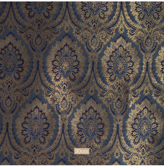 Stof-brokaat-110cm-indisch-blauw-grijs-en-goud