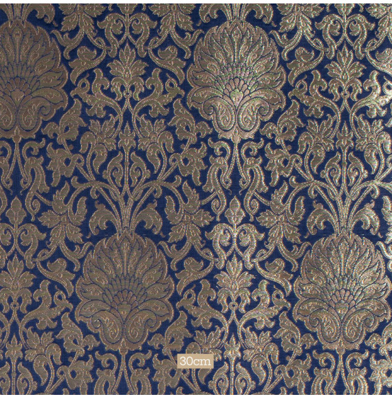 Stof-brokaat-90cm-blauw-en-goud-
met-bloemen