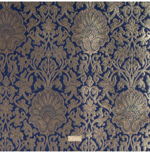 Stof-brokaat-90cm-blauw-en-goud-
met-bloemen