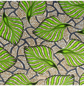 Tissu-esprit-wax-beige-feuillage-vert