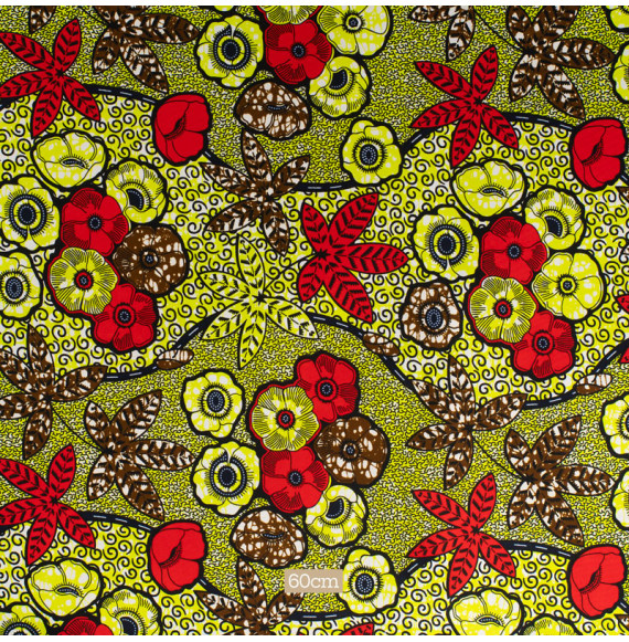 Tissu-esprit-wax-vert-fleur-rouge