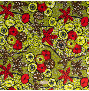 Tissu-esprit-wax-vert-fleur-rouge