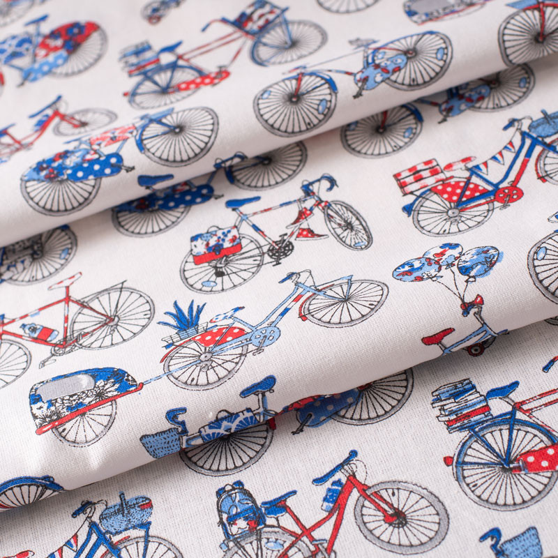 Tissu-coton-blanc-motif-vélo-bleu-blanc-rouge