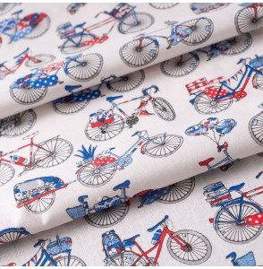Tissu-coton-blanc-motif-vélo-bleu-blanc-rouge