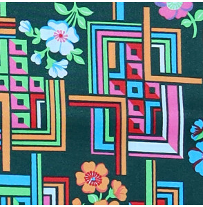 Coupon-polyester-1M10-satiné-motif-floral-et-géométrique-sur-fond-vert