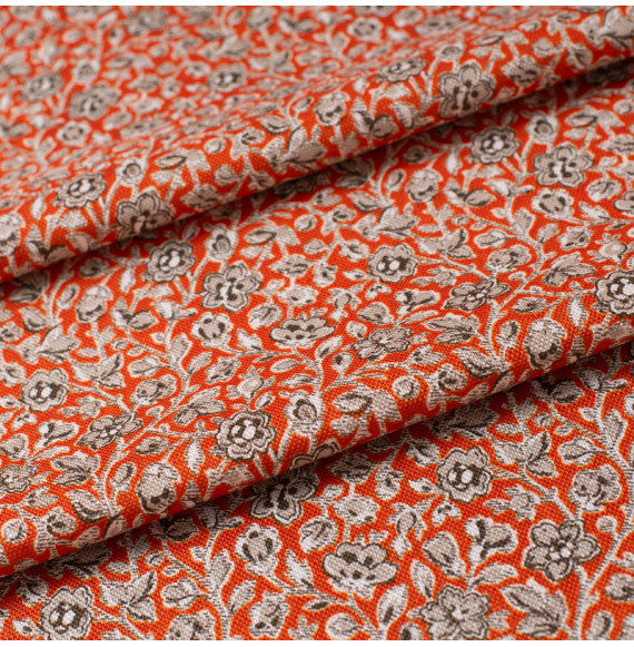 Tissu-coton-fleuri-orange