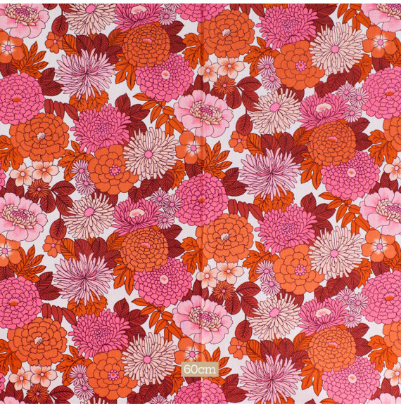 Tissu-d'ameublement-vintage-fleurs-roses-et-oranges-sur-fond-blanc