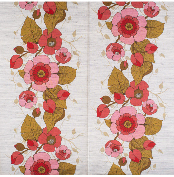 Vintage-meubelstof-roze-en-rode-bloemen-op-een-grijze-achtergrond
