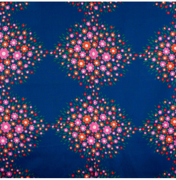 Tissu-d'ameublement-vintage-fleurs-roses-et-oranges-sur-fond-bleu