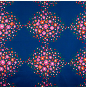 Tissu-d'ameublement-vintage-fleurs-roses-et-oranges-sur-fond-bleu