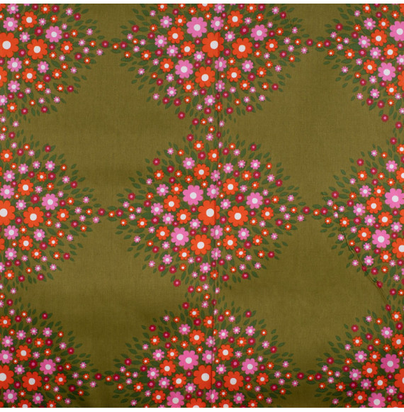 Tissu-d'ameublement-vintage-fleurs-roses-et-oranges-sur-fond-vert