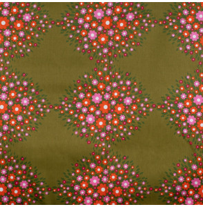Tissu-d'ameublement-vintage-fleurs-roses-et-oranges-sur-fond-vert