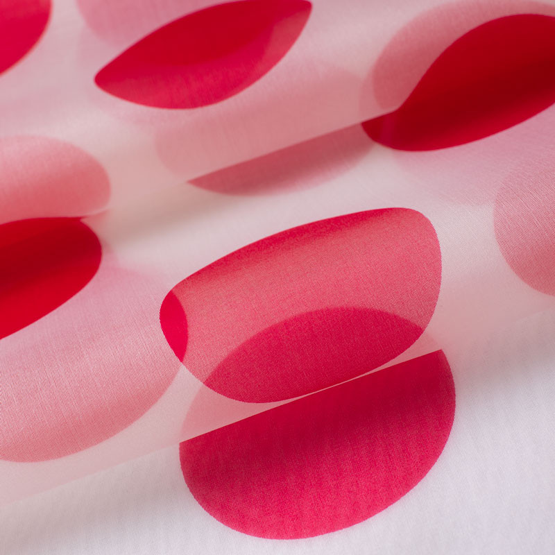 EXCEPTIONNEL-TISSU-EN-ORGANZA-DE-SOIE-STUCCHI-TRANSPARENT-(PETITE-LARGEUR)-GRANDS-POIS-ROUGES-SUR-FOND-BLANC