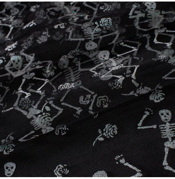 Tissu-tulle-Halloween-squelette-paillette-irisée-sur-fond-noir
