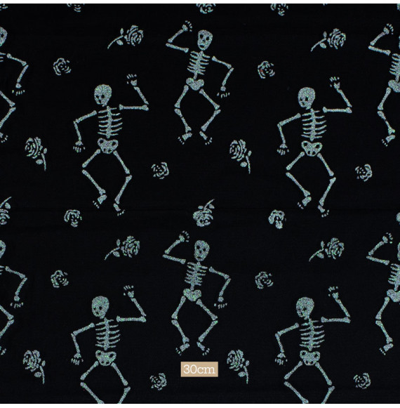 Tissu-tulle-Halloween-squelette-paillette-irisée-sur-fond-noir