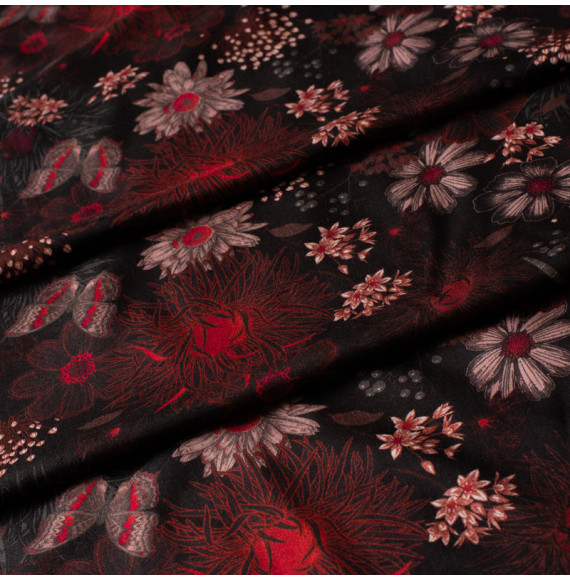 Tissu-viscose-noir-fleuri-rouge-et-libellule