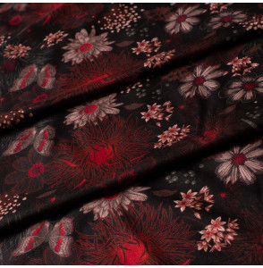 Tissu-viscose-noir-fleuri-rouge-et-libellule
