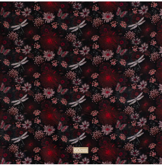Tissu-viscose-noir-fleuri-rouge-et-libellule