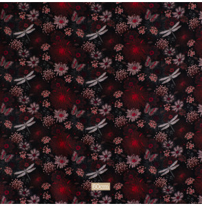 Tissu-viscose-noir-fleuri-rouge-et-libellule