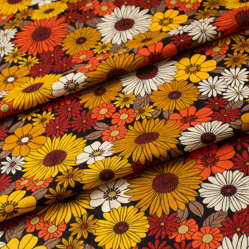 Tissu-viscose-fleuri-orange-et-ocre