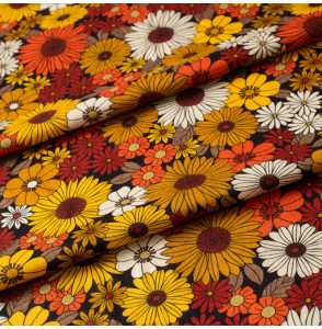 Tissu-viscose-fleuri-orange-et-ocre