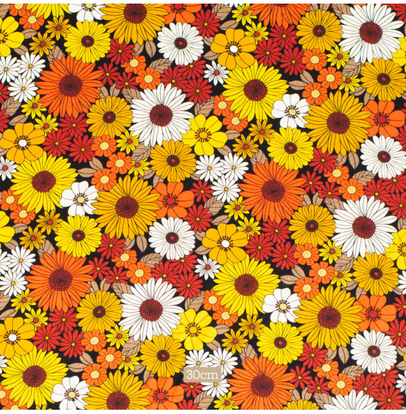 Tissu-viscose-fleuri-orange-et-ocre