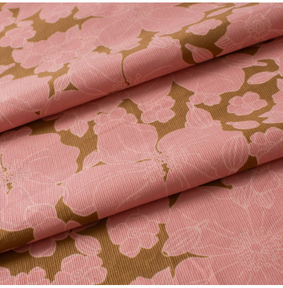 Stof-ribfluweel-met-bloemen-roze-et-oker