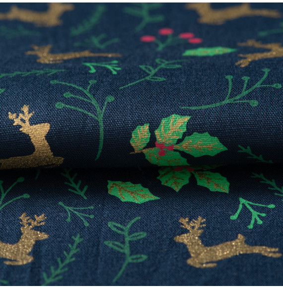 Tissu-coton-bleu-marine-Noël-renne-doré