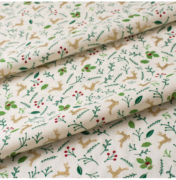 Tissu-coton-blanc-marine-Noël-renne-doré