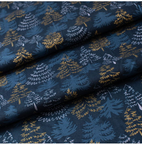 Tissu-coton-bleu-marine-Noël-sapin-doré