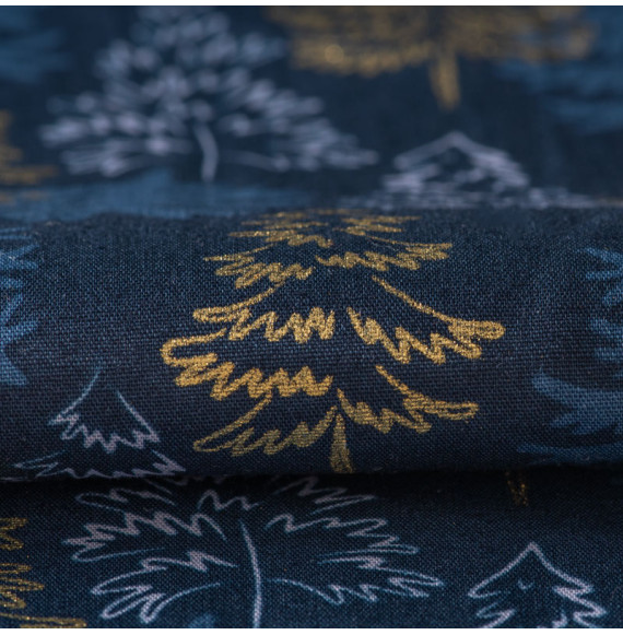 Tissu-coton-bleu-marine-Noël-sapin-doré