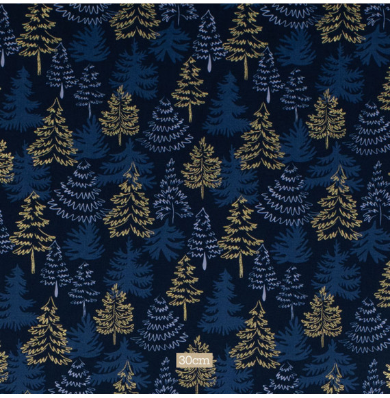 Tissu-coton-bleu-marine-Noël-sapin-doré