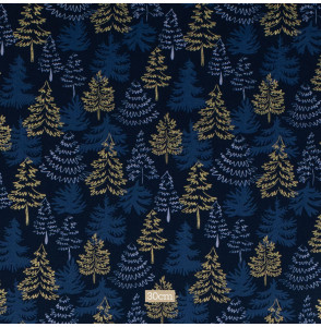 Tissu-coton-bleu-marine-Noël-sapin-doré