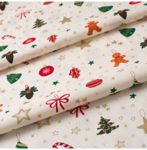 Stof-katoen-gebroken-witte-met-biscuit-kerst-en-gouden-sterren
