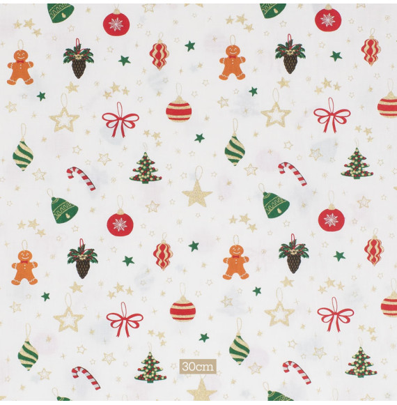 Tissu-coton-blanc-cassé-Noël-biscuit-et-étoiles-dorées