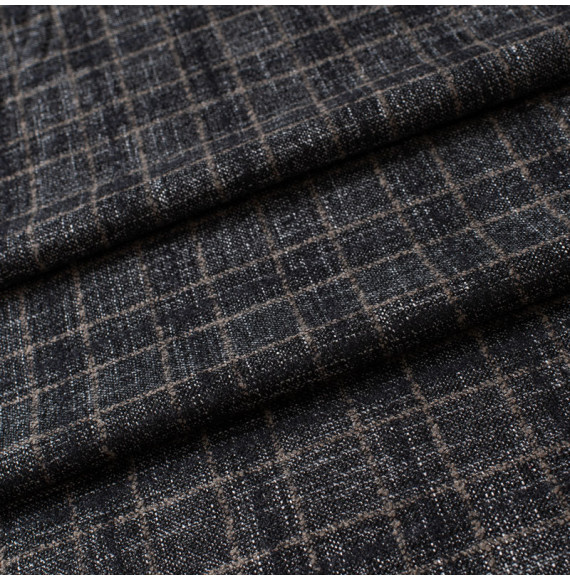 TISSU-EN-LAINE-FINE-AU-TOUCHÉ-DOUX-QUADRILLAGE-GRIS-SUR-FOND-NOIR-CHINÉ