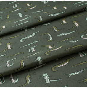 Tissu popeline de coton vert imprimé crocodile