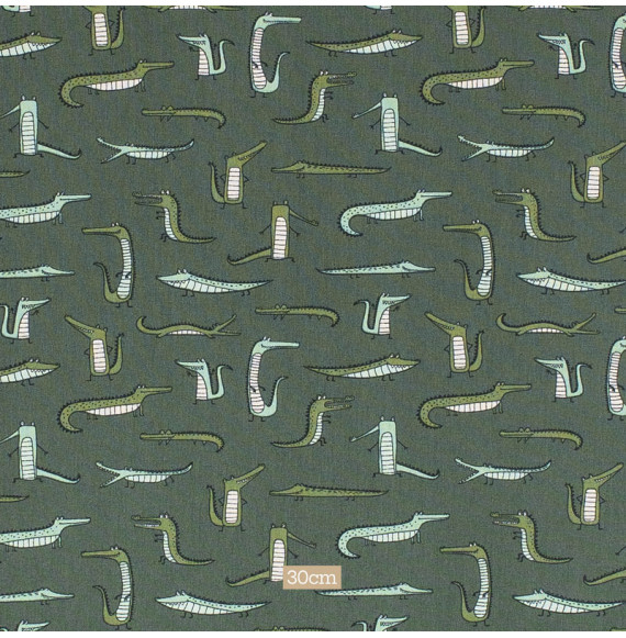 Tissu popeline de coton vert imprimé crocodile