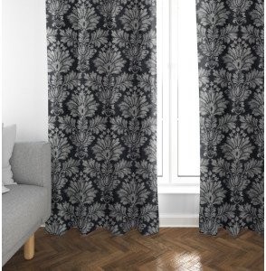 Tissu-ameublement-damas-fusain-noir-motif-blanc-cassé