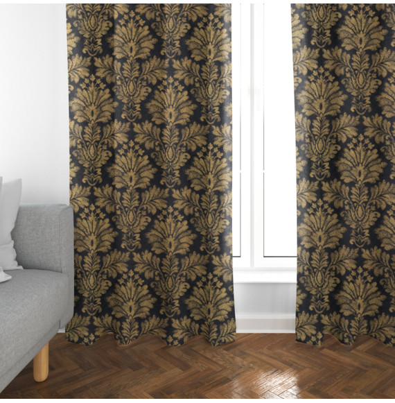 Tissu-ameublement-damas-fusain-noir-motif-ocre