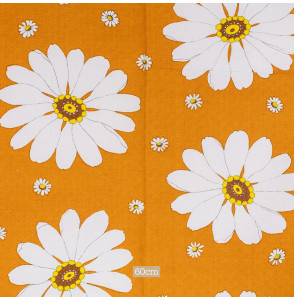 TISSU-VINTAGE-AUTHENTIQUE-DES-ANNÉES-60-70-MARGUERITES-BLANCHES-SUR-FOND-ORANGES